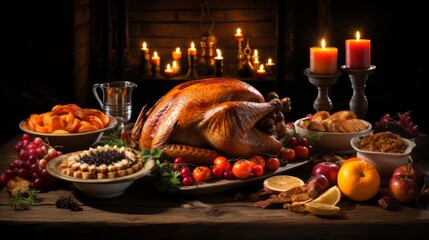 Obraz na płótnie Canvas Thanksgiving Feast with Roasted Turkey on Rustic Wooden Table. Traditional Holiday Dinner, Gratitude, Celebration, and Rich Culinary Traditions Concept