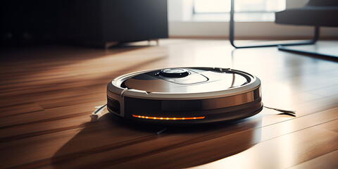 Smart Living Starts Here Robot Vacuum Cleaner Takes Over Living Room Floor Cleaning background generative ai