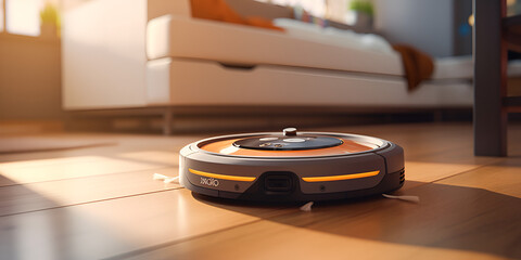 Robot Vacuum Cleaner in Action in the Living Room background generative ai
