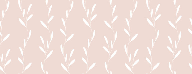 Soft pink flyer with white twigs with leaves in naive style. Texture with seamless floral rectangular texture. Pale pink color flyer with twigs with leaves in naive style.
