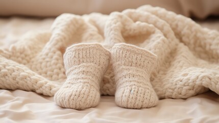 Soft textured baby shoes resting on woven surface