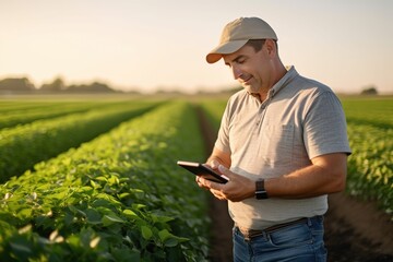 Agriculture man checking sustainable farming growth by with digital tablet, production or industry growth analysis, Gardener or greenhouse environmental scientist on a rural. Generative AI