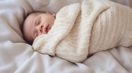 Serene newborn wrapped in soft pink knit blanket with matching hat