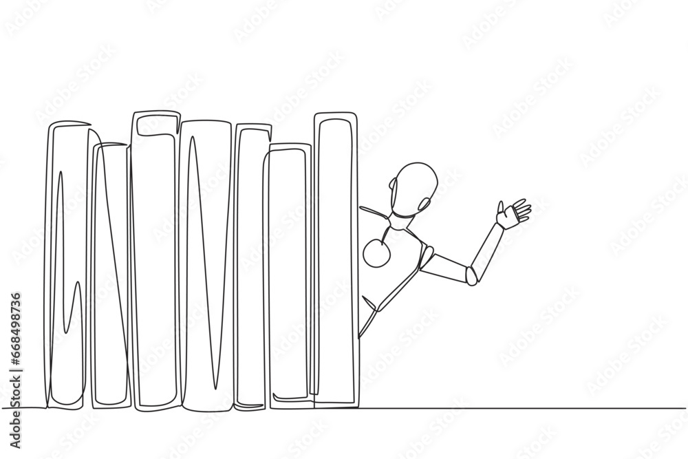Poster single continuous line drawing smart robot appears from behind a row of books. invitation to read bo
