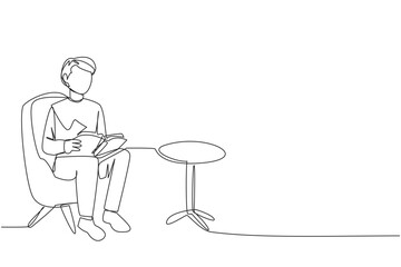 Continuous one line drawing man sitting reading on sofa. Reading focus in the living room. Fun hobby. Relieve fatigue from daily activities. Book festival concept. Single line draw vector illustration