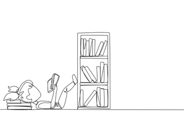 Single one line drawing girl lying on back reading fiction story book near bookcase. Read slowly to enjoy the storyline. Hobby reading. Very good habit. Continuous line design graphic illustration