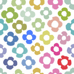 1970 Daisy naive playful seamless pattern. Doodle  contemporary backgrounds for kids. Swiss design aesthetic with dry brush textures in bright childish colors. Minimalist nursery print.