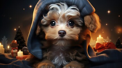 Cute dog in a jacket and hood in the snowy winter for the Christmas and New Year holiday