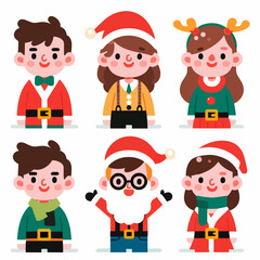 A cartoon depiction of six children dressed in Christmas-themed costumes, including Santa Claus, reindeer, and elves, all appearing cheerful and festive.