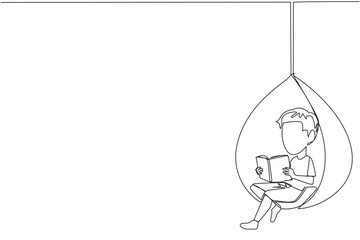 Continuous one line drawing boy sitting relaxed in a hanging chair reading a book. Spend the weekend reading favorite fiction story book. Love reading. Single line draw design vector illustration