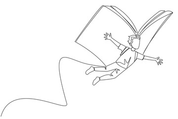 Single continuous line drawing brave man flying with wings that come from an open big book. The metaphor carried away with the storyline. Constructive fantasy. One line design vector illustration