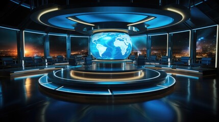 Modern television studio for world breaking news with equipment for leading reporters and announcers - obrazy, fototapety, plakaty