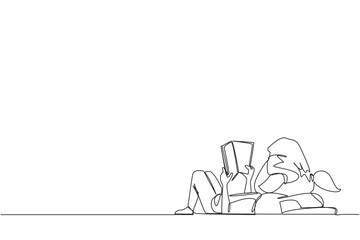 Single one line drawing girl lying on back reading book. Reading favorite comic. Big fan of fiction books. Enjoy the storyline. Reading increases insight. Continuous line design graphic illustration