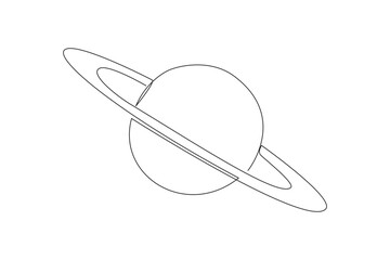 Single one line drawing planet saturn in space. Has the characteristic ring that surrounds the planet. Ring particles made of water ice and rock material. Continuous line design graphic illustration © Simple Line