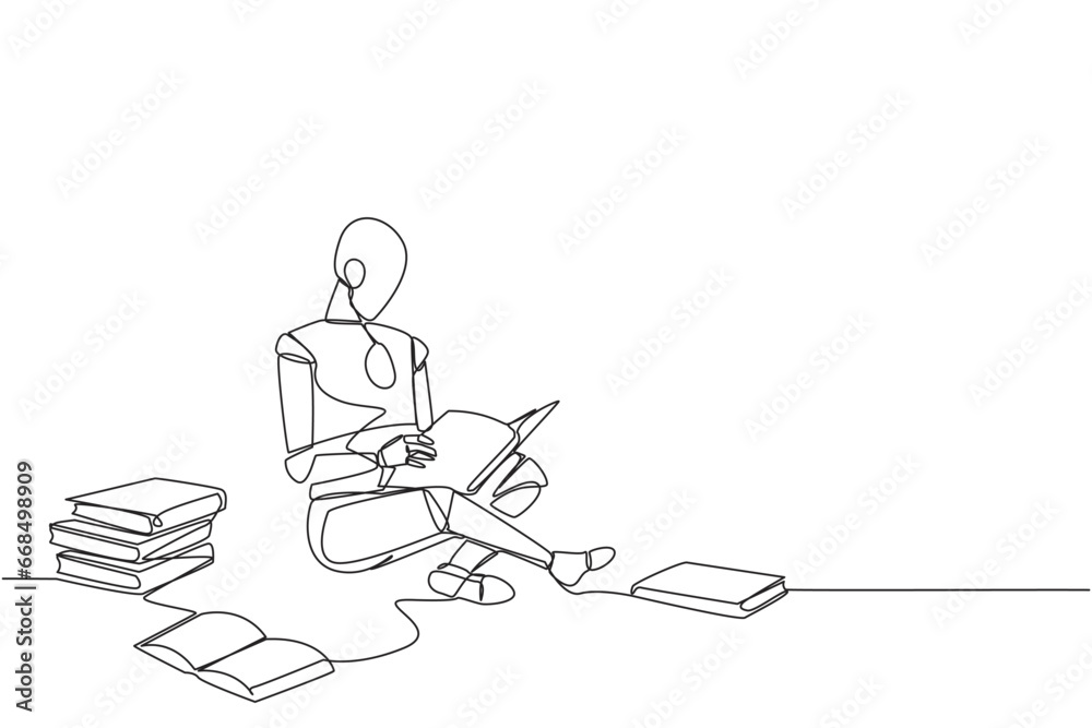 Wall mural Continuous one line drawing robot sitting relax in library reading lot of books. Looking for answers to assignments. Hobby reading. Book festival concept. Single line draw design vector illustration - Wall murals