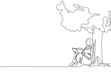 Continuous one line drawing Arab woman sitting reading book under shady tree. Continuing second volume of the fiction story book. Enjoy reading. Book festival. Single line design vector illustration