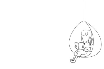 Continuous one line drawing girl sitting relaxed in a hanging chair reading a book. Spending the weekend reading favorite fiction story book. Love reading. Single line draw design vector illustration - obrazy, fototapety, plakaty