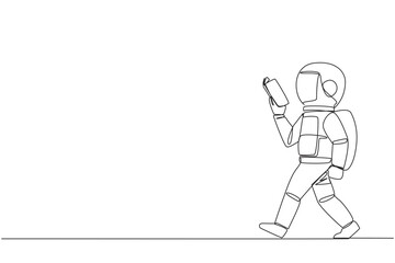 Continuous one line drawing astronaut walking to the left reading book. Gesture of memorizing something from book. Read anywhere. Addicted reading. Book festival. Single line draw vector illustration