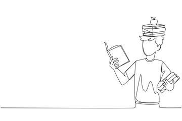 Single one line drawing man reading book practicing balance. Stack books on top of head along with the apple. Balancing reading rhythm, train focus. Read. Continuous line design graphic illustration
