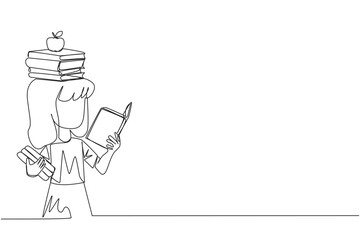 Single continuous line drawing girl read book practicing balance. Stack books on top of head along with the apple. Balancing reading rhythm, train focus. Love read. One line design vector illustration