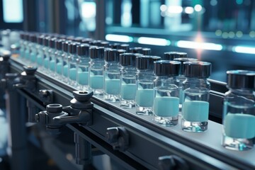Obraz premium Medical vials on the conveyor belt start point. Conveys the production cycle.