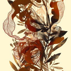 Winter bouquet: frozen dry leaves endless motif. Digital art and watercolour, ink texture. Seamless pattern for packaging, scrapbooking, textile. Modern art-deco. - 668499177