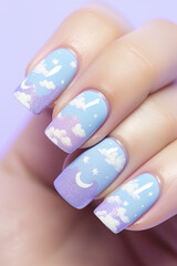 Woman's fingernails with pastel colored sky with clouds and stars design nail polish in fornt of violet background