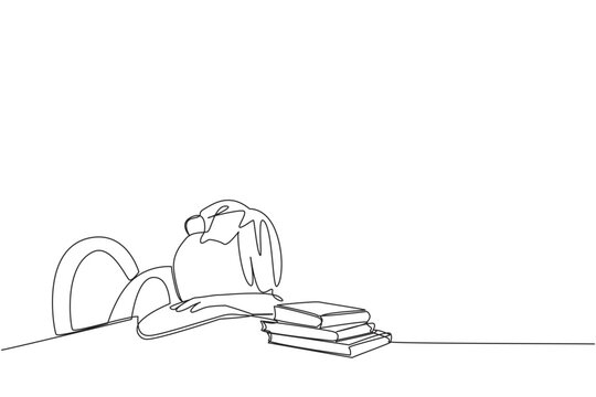 Single continuous line drawing boy asleep at the table where there were piles of books. Tired after successfully finishing the favorite reading book. Love read. One line design vector illustration