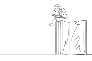 Single one line drawing young astronaut sitting on a big open book reading a book. Serious and focus learning increases insight. Book festival concept. Continuous line design graphic illustration