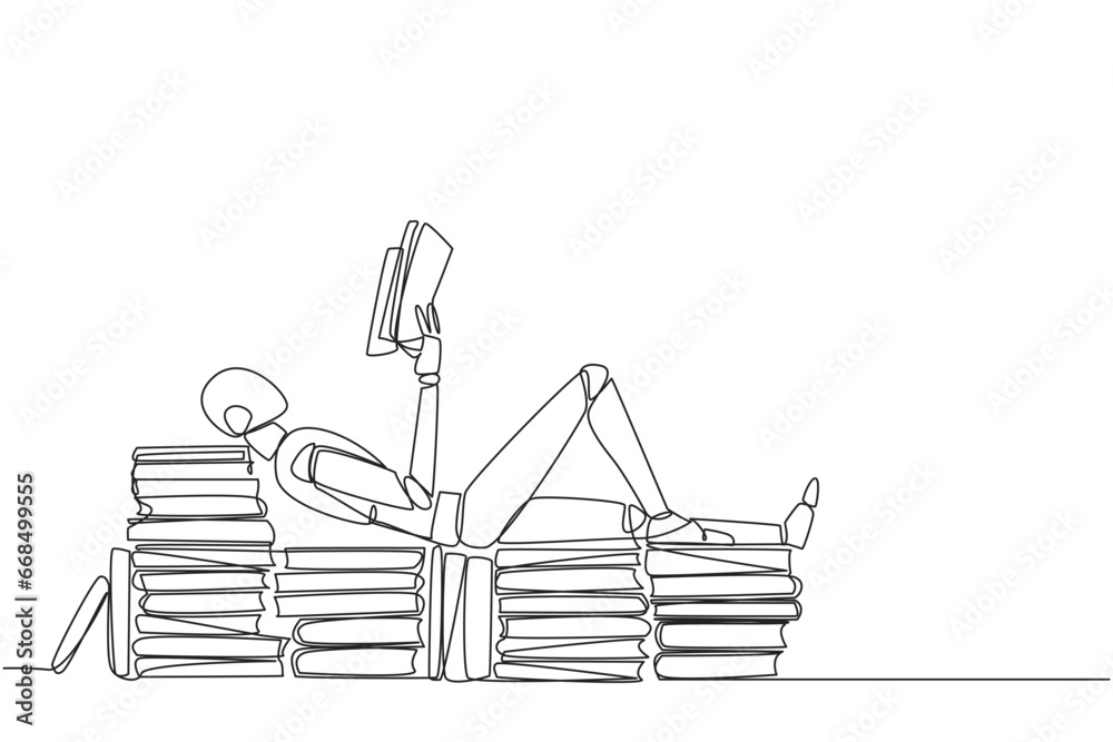 Poster single one line drawing robot lying down on a stack of books lined up. relax while reading the ficti