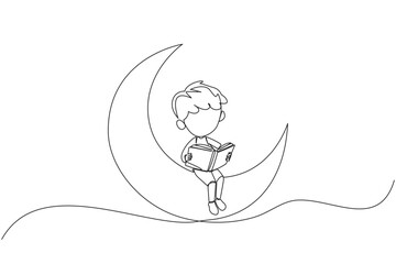 Continuous one line drawing boy sitting on crescent moon reading a book. Metaphor of reading a fairy story before sleeping. Read until late. Love reading. Single line draw design vector illustration