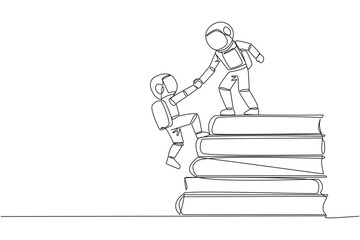 Single one line drawing astronaut help partner climb pile of books. Concept of helping each other to success together. Knowledge source book. Book festival. Continuous line design graphic illustration