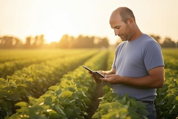Naklejka na ściany i meble Agriculture man checking sustainable farming growth by with digital tablet, production or industry growth analysis, Gardener or greenhouse environmental scientist on a rural. Generative AI