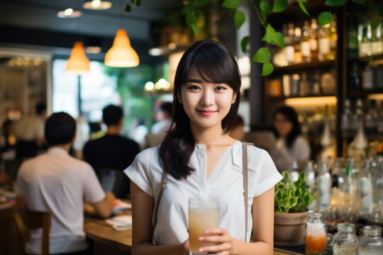 Woman is seen holding drink in restaurant. This image can be used to depict socializing, dining out, or enjoying night out.