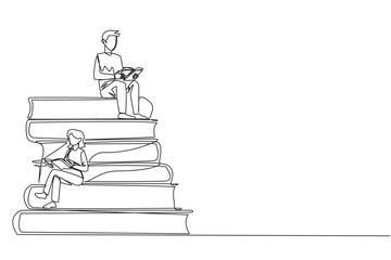 Single one line drawing man woman sitting on a pile of books reading a book. High interest in reading. Opening horizons of thinking. Book festival concept. Continuous line design graphic illustration