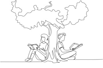Single continuous line drawing man woman sitting reading the book under shady tree. Continuing the second volume of the fiction story book. Enjoy reading. Book festival. One line vector illustration