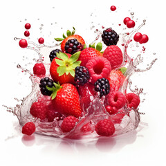 Different types of berries with water splash on isolated white background - ai generative