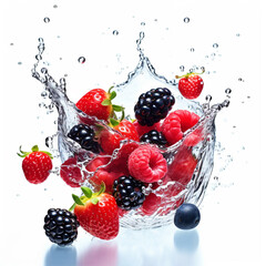 Different types of berries with water splash on isolated white background - ai generative