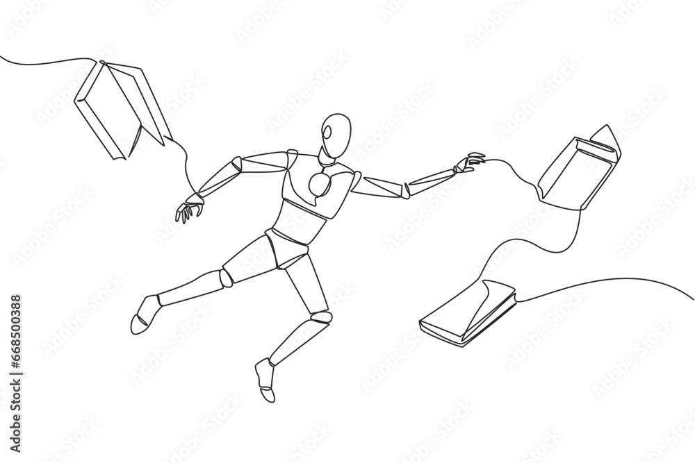 Poster single continuous line drawing astronaut floating in space trying to pick up books. no gravity makes