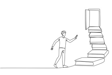 Single one line drawing man climb the stairs from the book stack. Towards the wide open door. Metaphor of finding the answers from books. Book festival. Continuous line design graphic illustration