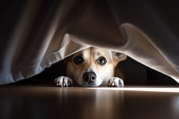 Scared dog hiding under bed - obrazy, fototapety, plakaty