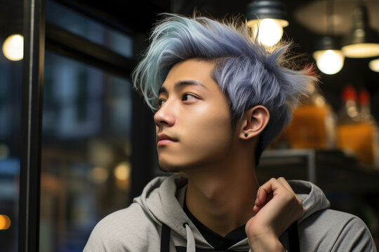 Picture of man with blue hair wearing gray hoodie. This image can be used to represent unique and trendy individual or to convey sense of style and self-expression.