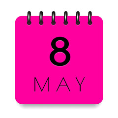 8 day of the month. May. Pink calendar daily icon. Black letters. Date day week Sunday, Monday, Tuesday, Wednesday, Thursday, Friday, Saturday. Cut paper. White background. Vector illustration.