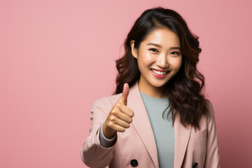Woman showing approval by giving thumbs up gesture against vibrant pink background. This image can be used to convey positivity, success, agreement, and endorsement in various contexts.