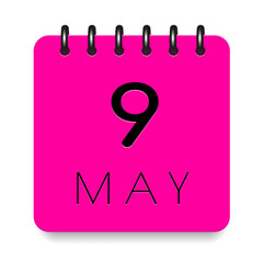 9 day of the month. May. Pink calendar daily icon. Black letters. Date day week Sunday, Monday, Tuesday, Wednesday, Thursday, Friday, Saturday. Cut paper. White background. Vector illustration.