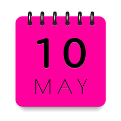 10 day of the month. May. Pink calendar daily icon. Black letters. Date day week Sunday, Monday, Tuesday, Wednesday, Thursday, Friday, Saturday. Cut paper. White background. Vector illustration.
