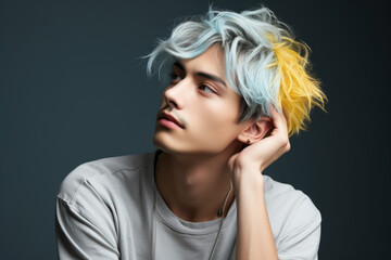 Man with blue and yellow hair striking pose for photo. This image can be used for fashion, beauty, and hair-related content.