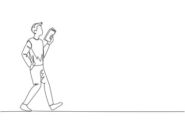 Single continuous line drawing man walking while reading a book. The gesture of memorizing something from a book. Read anywhere. Addicted to reading. Book festival. One line design vector illustration