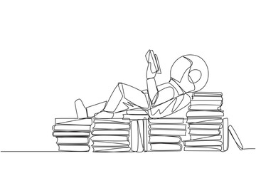 Single one line drawing astronaut lying down on a stack of books lined up. Relax while reading the fiction book. Enjoy the storyline. Book festival concept. Continuous line design graphic illustration