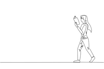 Single continuous line drawing woman walking while reading book. The gesture of memorizing something from a book. Read anywhere. Addicted to reading. Book festival. One line design vector illustration
